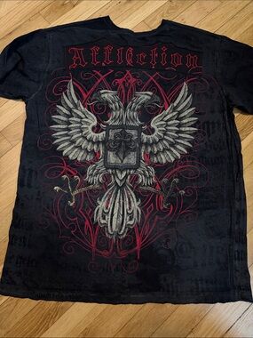 Vintage Affliction Black Tee with Red and Gray Eagle Crest